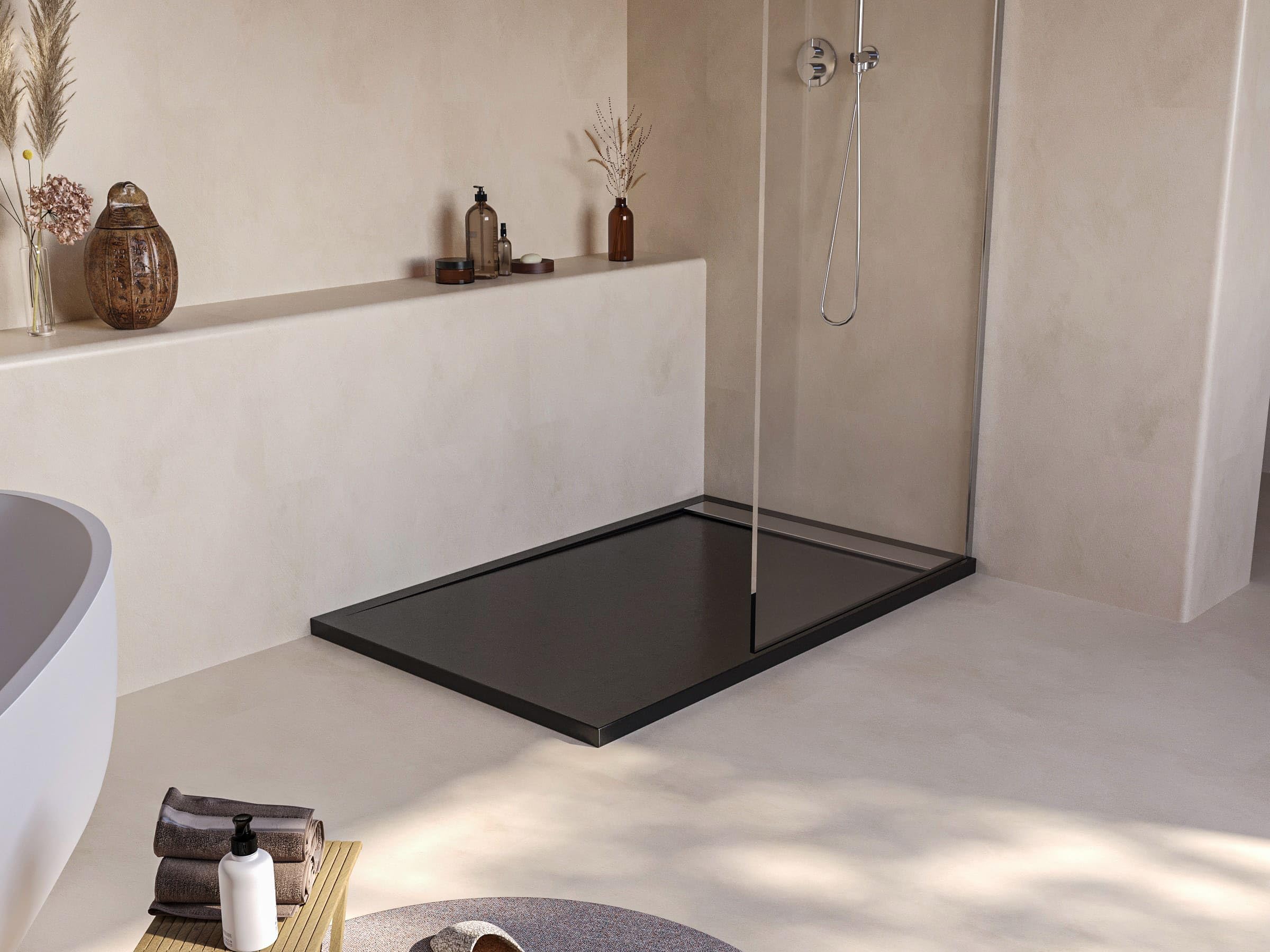 SoulHome Plato de Ducha Resina Negro 120X70 Diseño Minimalista Inox | Antideslizante C3, Extraplano, Resina y carga mineral, Textura Liso Piedra, Antibacteriano, Gel-coat, Incluye válvula desagüe