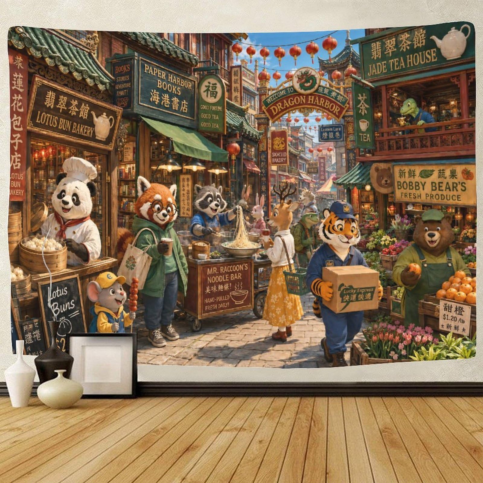 GPMNBCXZK Vintage Chinatown Street Wall Hanging Decor 3D Print Tapestry for Bedroom Tapestries Poster Curtain Bedroom College Dorm 130cmx150cm
