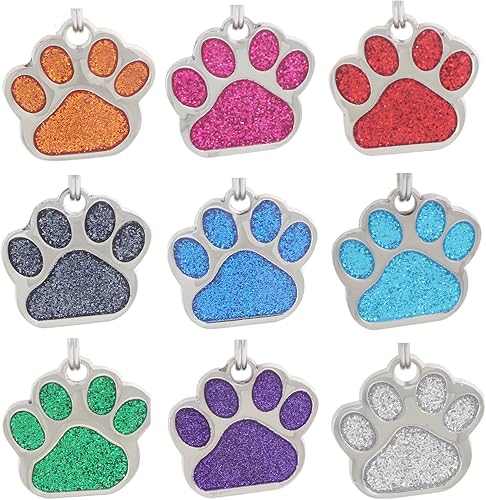 Etiquetas de identificación con diseño de pata de purpurina para mascotas, etiquetas de perro personalizadas, etiquetas para gatos, grabadas