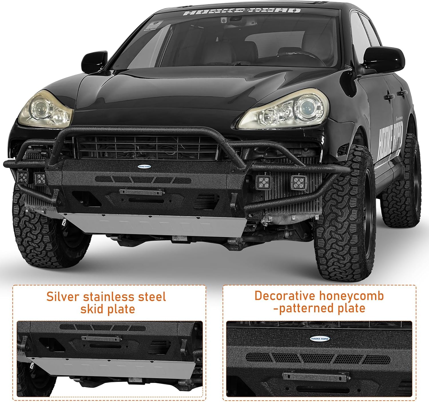Hooke Road ExplorerX Front Bumper w/Bull Bar for 2008 2009 2010 Porsche Cayenne 957, Offroad Steel Tubular Bumper with Winch Plate, Skid Plate, LED Lights, D-Ring Mounts
