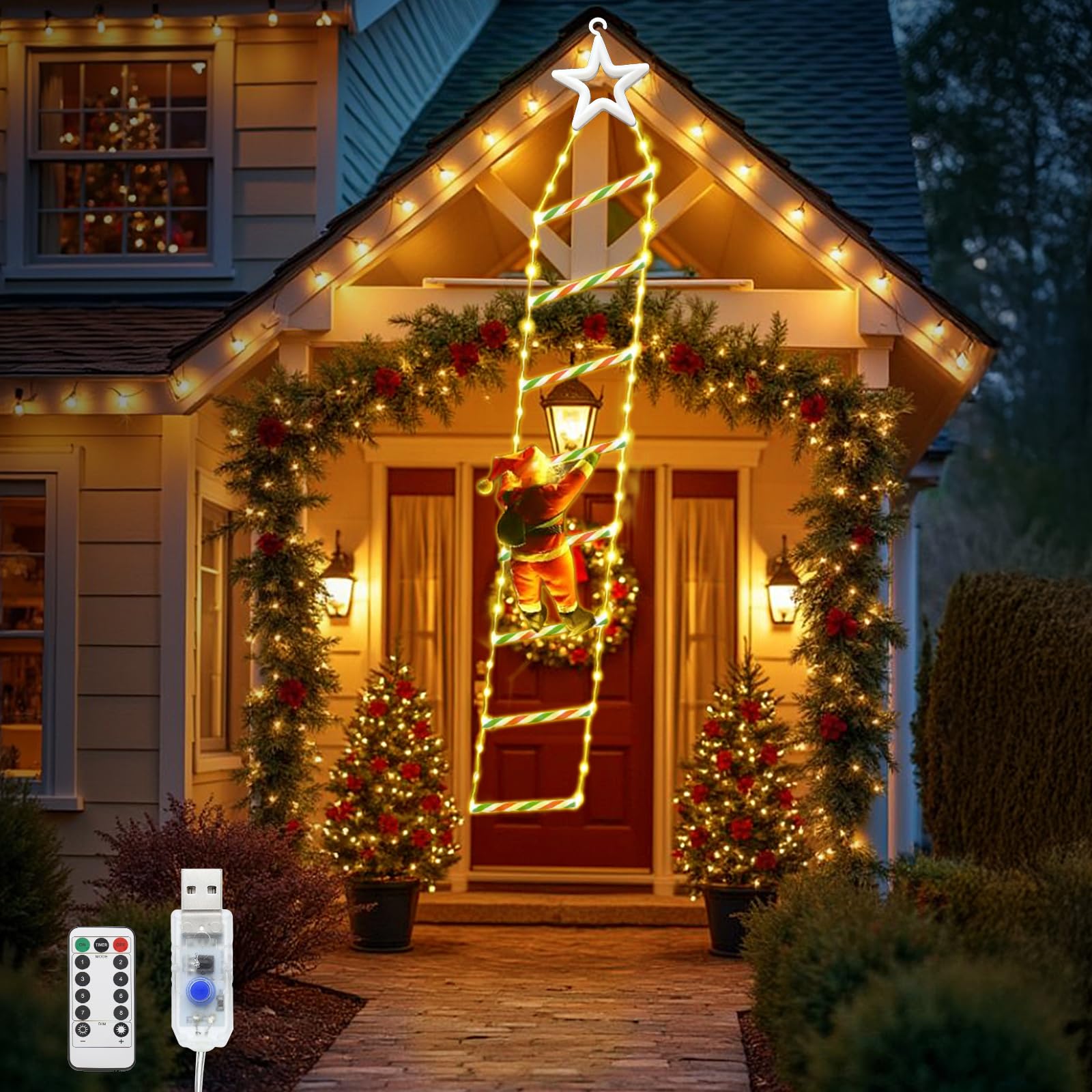 WoskjXas 6.56Ft Christmas Ladder Lights, 2M 124 LED Santa Climbing Ladder Lights Outdoor with 8 Modes, Timer Christmas Led Light for Outdoor Indoor Wall Window Xmas