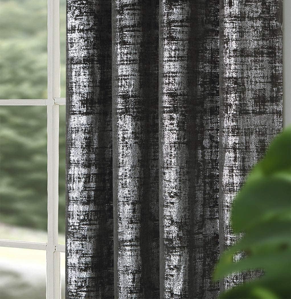 always4u Soft Velvet Curtains 100% Blackout for Window for Bedroom Thermal Silver Foil Printed Shining Luxury Window Treatment Drapes for Living Room 1 Pair Charcoal Grey 46 * 90 - Image 5