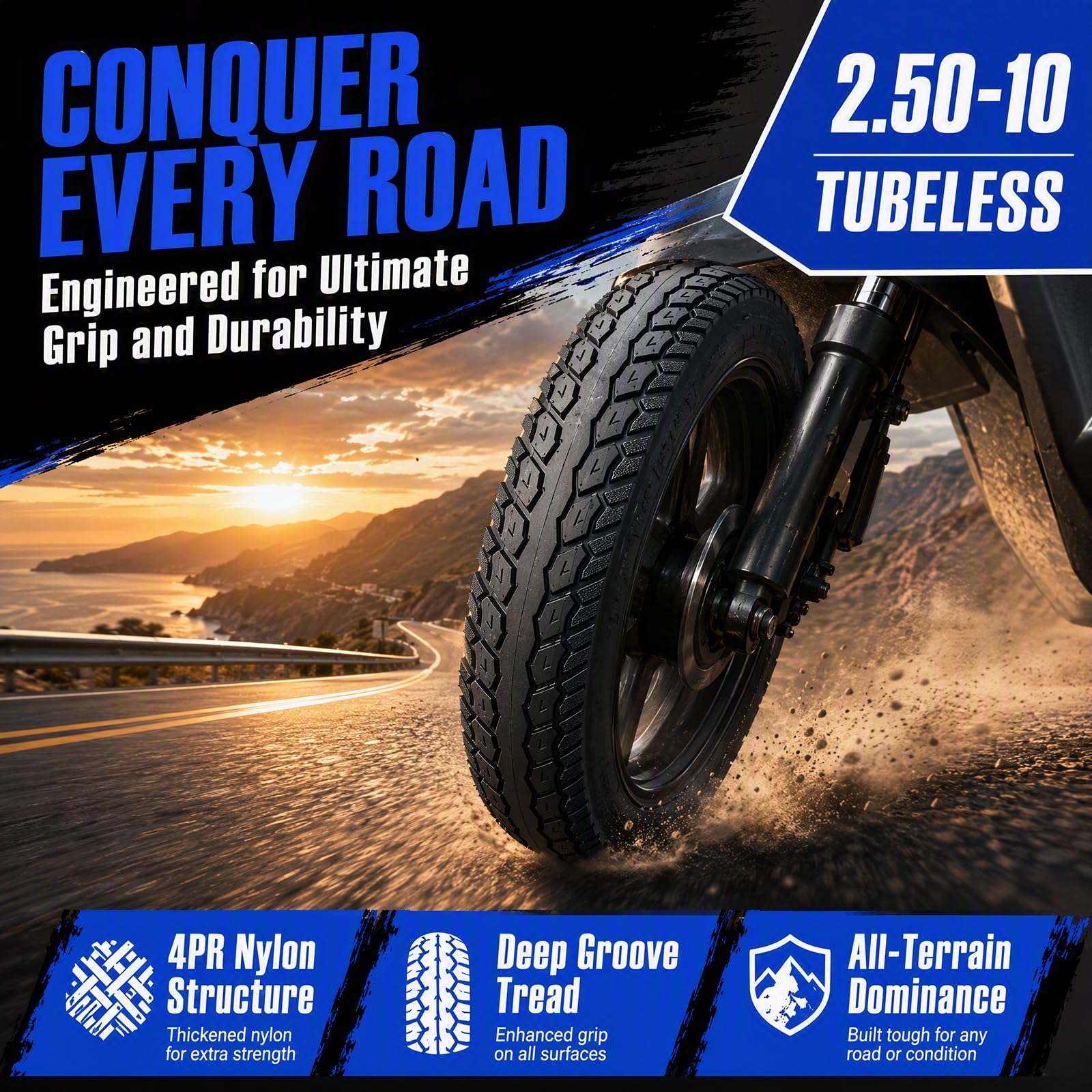 2PC 2.50-10 Pneumatici Tubeless, 2.50 10 4PR 33J per Scooter, Moto