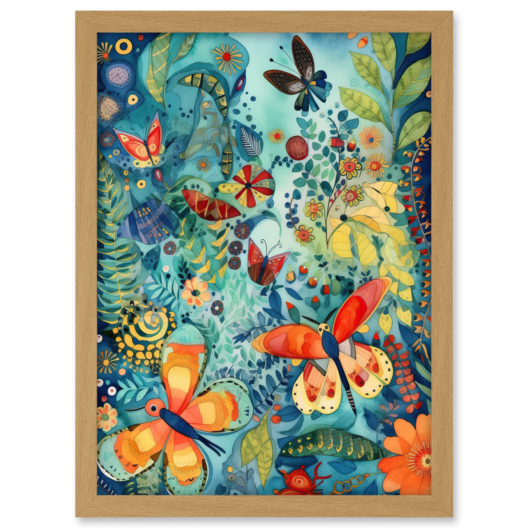 Artery8 Butterfly Insects in Flower Field Modern Folk Art Artwork Framed A3 Wall Art Print