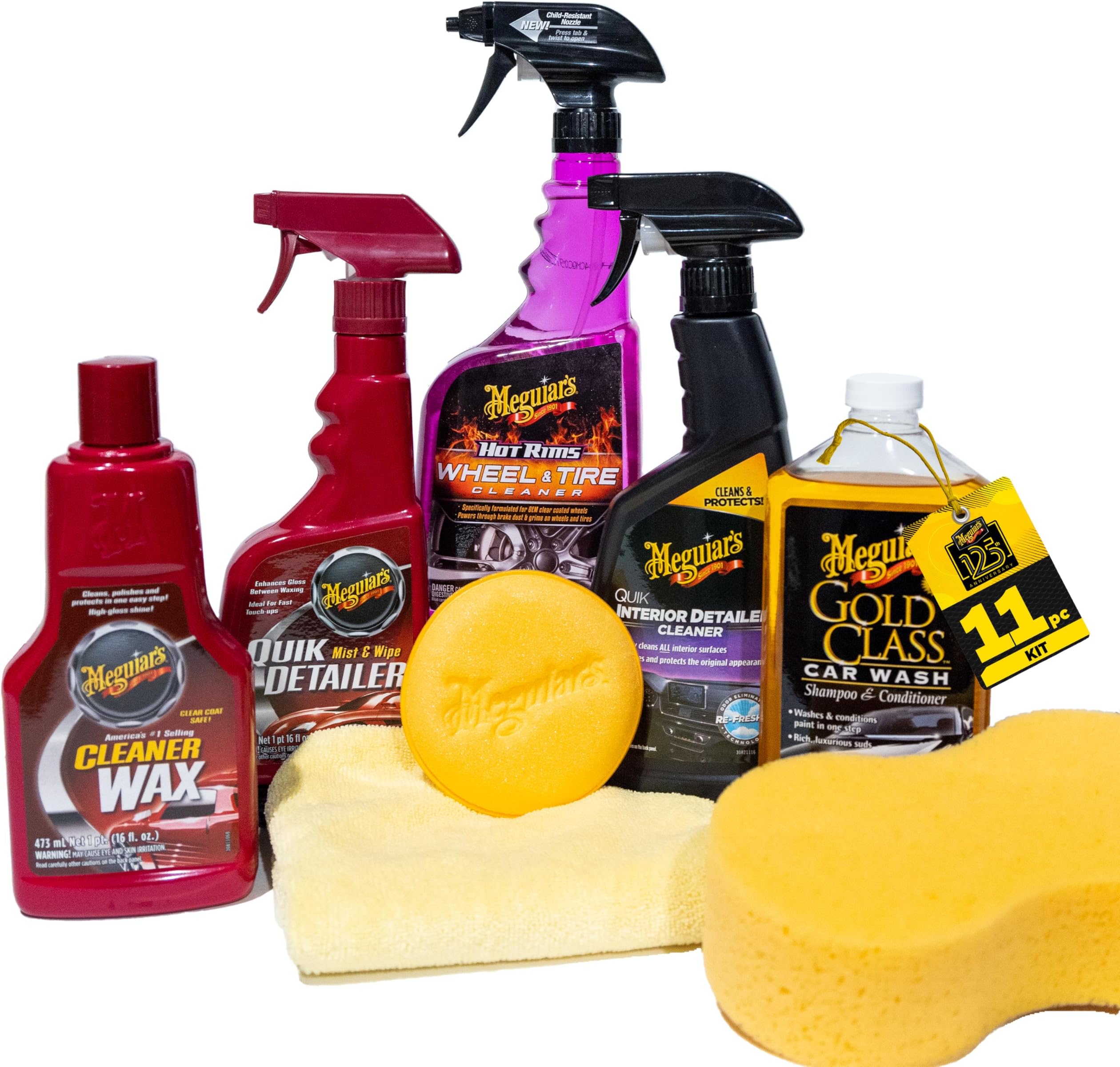 Meguiar's Classic Wash & Wax Car Detailing Kit, Cleaning Kit with Car Wash Soap and Wax, Includes Detail Spray, Interior Cleaner, Tire Cleaner, and More