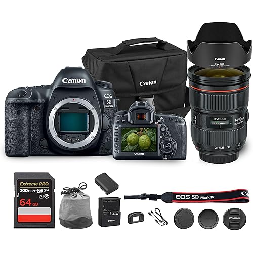 Canon EOS 5D Mark IV DSLR Camera 30.4MP Full Frame with 4K Video, Dual Pixel AF, Wi-Fi, GPS | Pro Photography Camera for Portraits, Landscapes, and Video + Canon EF 24-70mm Lens + Bag + 64GB Card