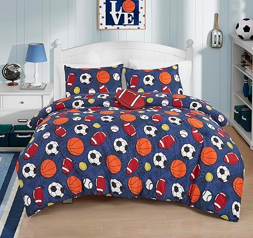 Miniatura 2 de Chezmoi Collection Juego de edredón de 4 piezas con diseño de pelotas deportivas para niños, tamaño matrimonialqueen, microfibra suave, azul marino,