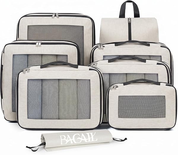 BAGAIL Compression Packing Cubes for Travel Essentials, 8 Set-Beige