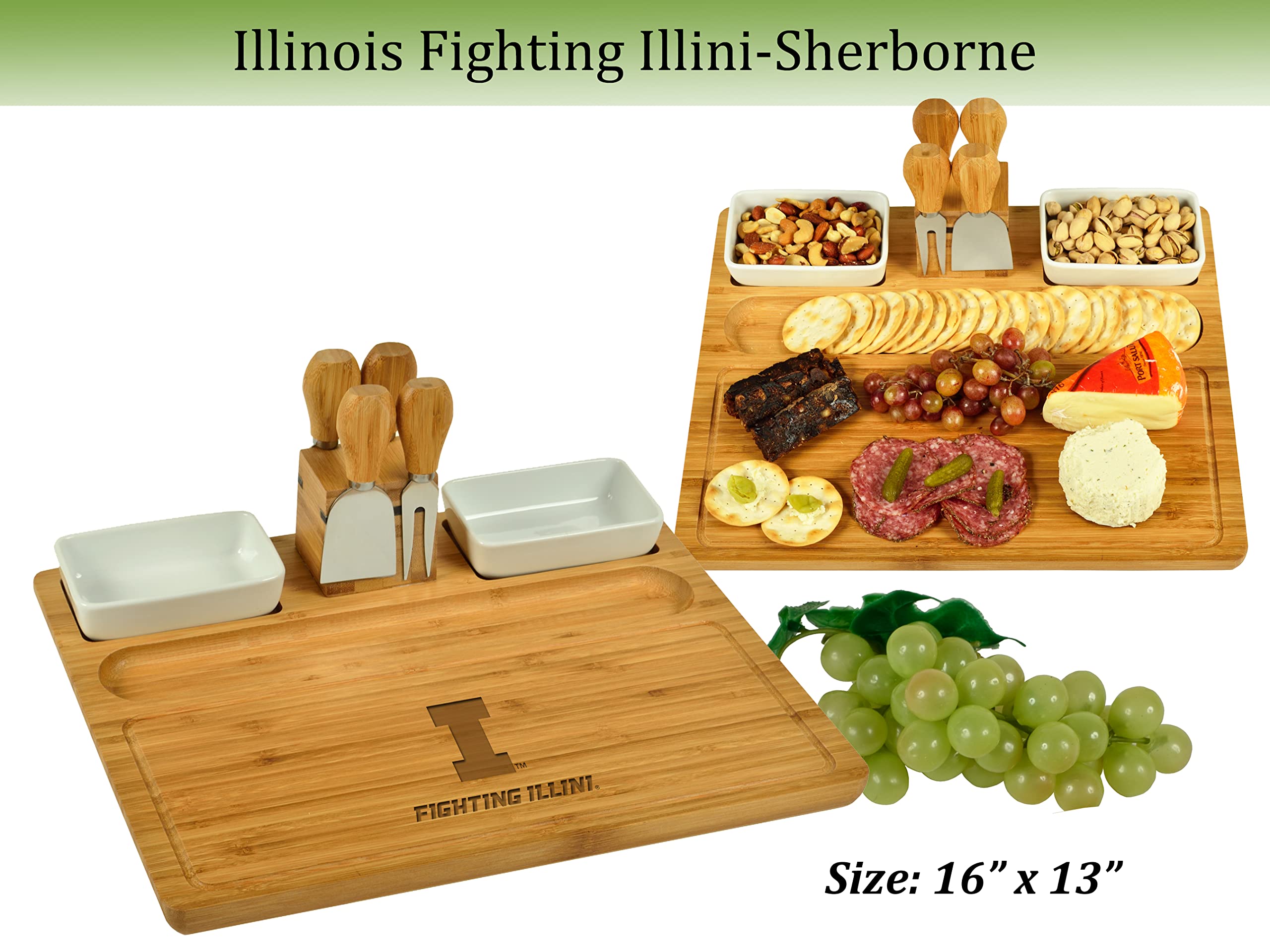 Picnic at Ascot NCAA Illinois Officially Licensed Bamboo Cheese/Charcuterie Board with knife Set & cheese Markers