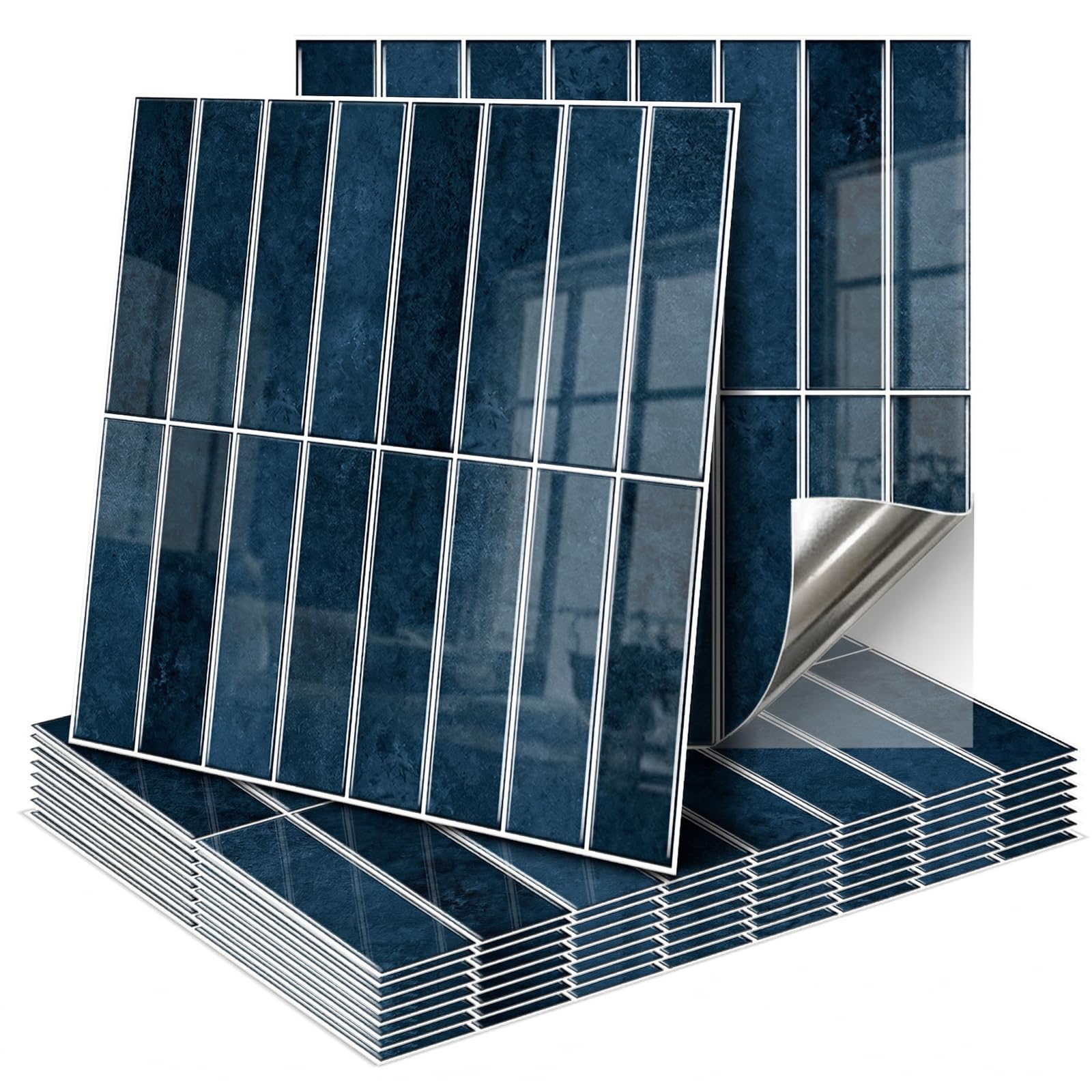 Adesivi per piastrelle 3D, autoadesivi, 30 x 30 cm, per soggiorno, camera da letto, cucina, bagno (Blu – Nero)