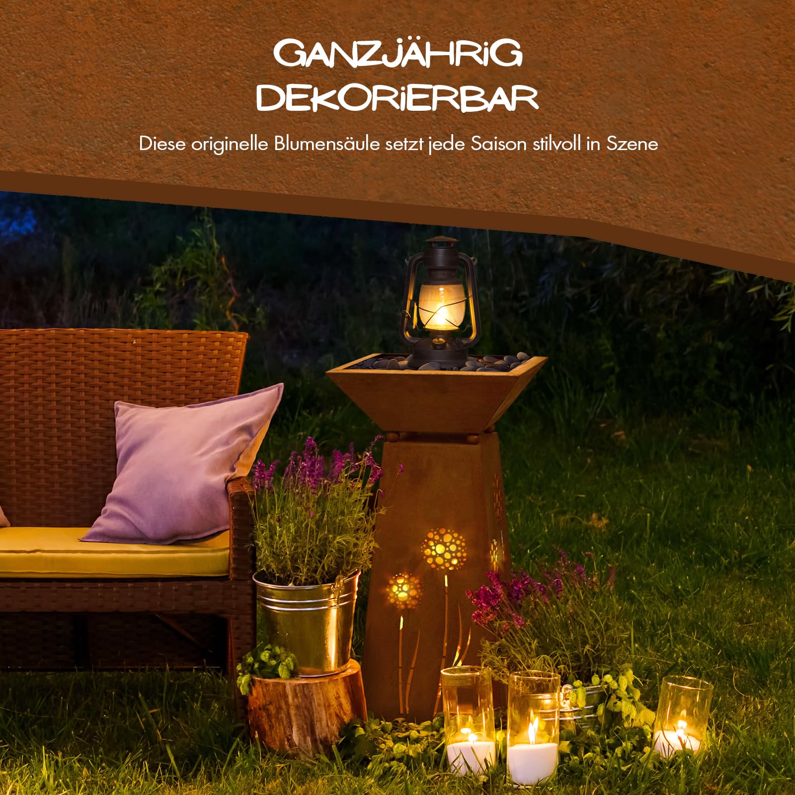 Rostikal Blumensäule Outdoor Metall - 72 cm - Pflanzsäule mit Schale Abnehmbar - Handgefertigte Edel-Rost Gartendeko - Wetterfeste Deko für Frühling, Garten, Wohnzimmer, Balkon | Outdoor Pflanzständer und Blumenständer aus Metall - Rostsäule, Dekosäule fü