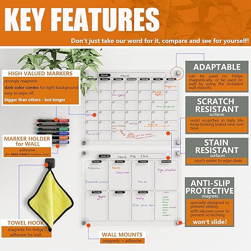 Miniatura 7 de Mag-Fancy Calendario magnético acrílico para refrigerador, juego de 2 calendarios transparentes de borrado en seco, tablero planificador