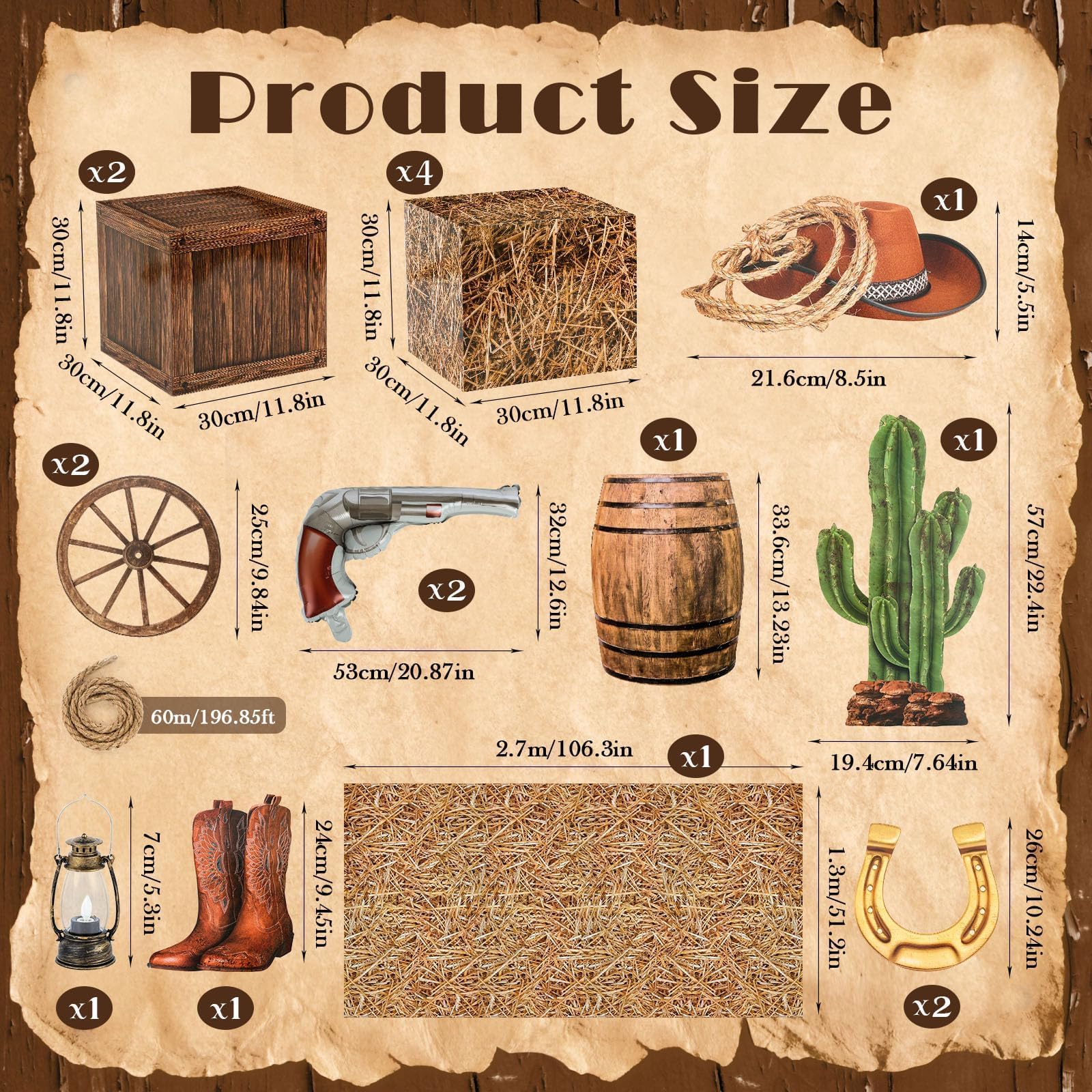 YLOLUL Set di 18 decorazioni per feste con cowboy occidentale, 6 scatole di balle di fieno, 2 ruote in legno, 10 centrotavola da cowboy occidentale, decorazioni per cabina fotografica, cowgirl, feste