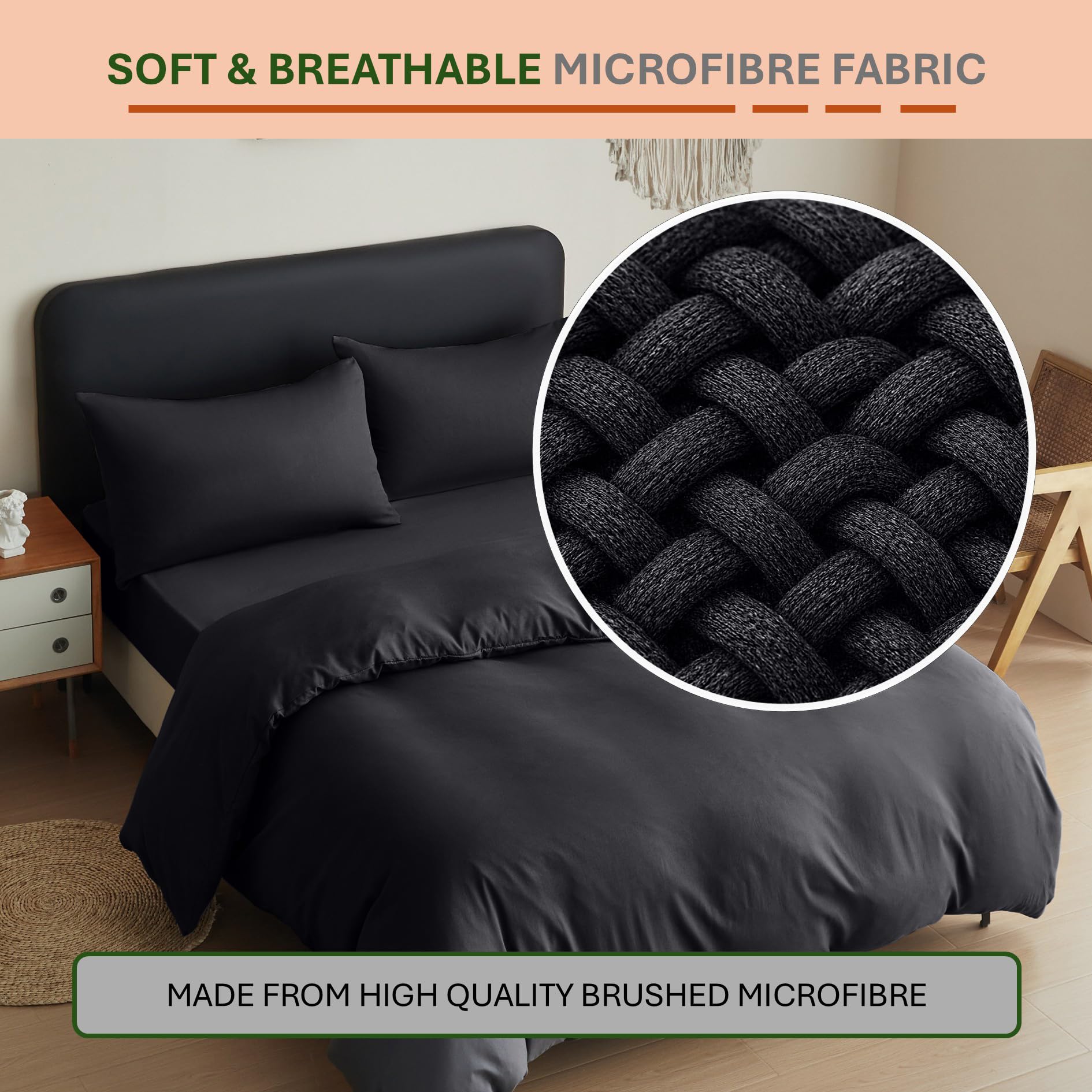 Lenzuola Estive In Microfibra Nera 155x220 Cm – Copripiumino Con Federa, Set 2 Pezzi, Morbido E Senza Stiro - 3