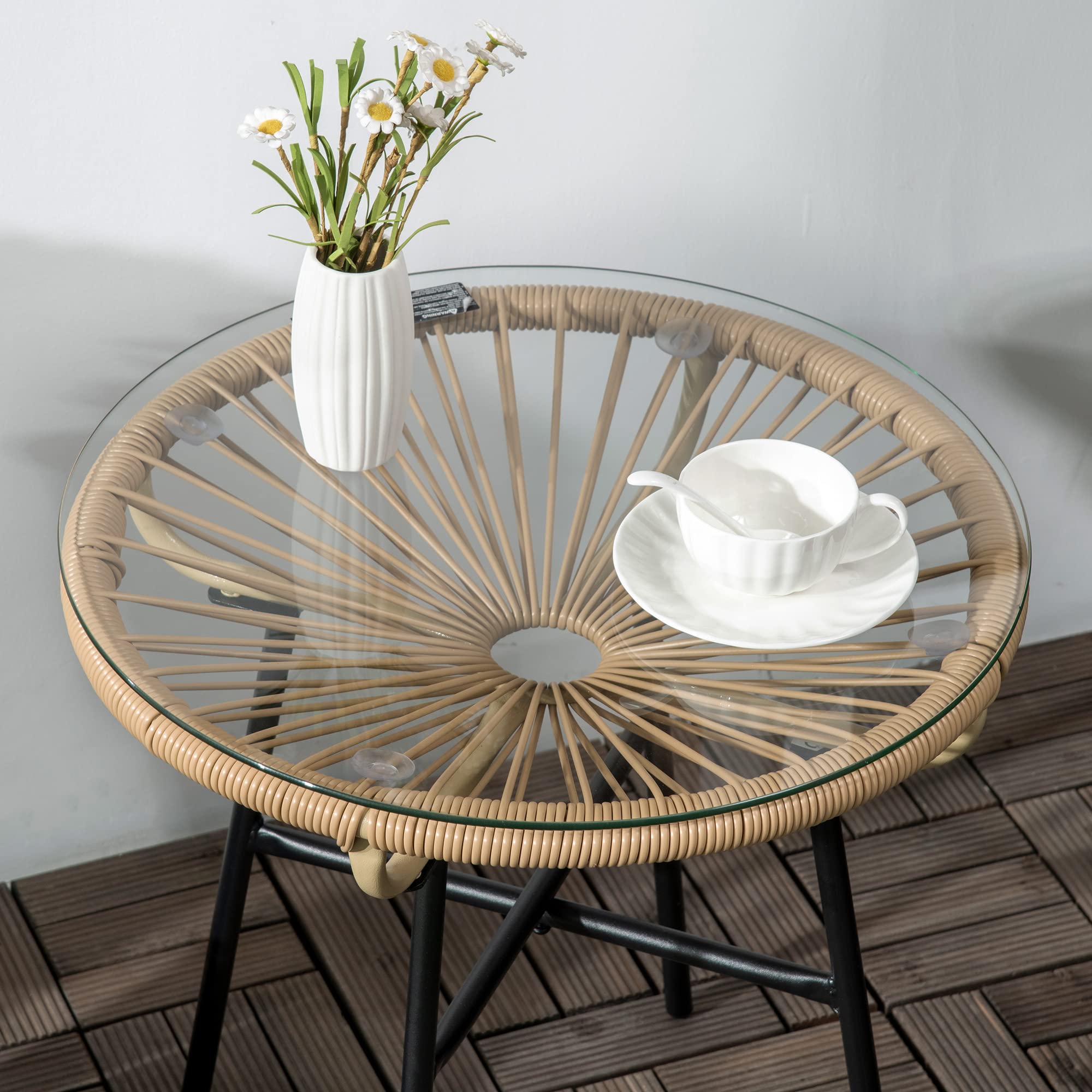 Outsunny Table Basse Ronde Jardin Résine Rotin Métal Plateau Verre Trempé Ø 50 x 50 cm Beige
