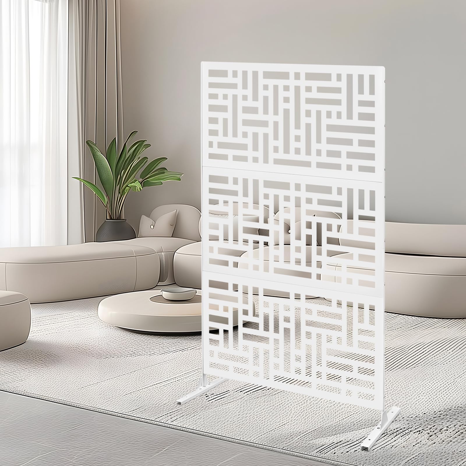 Cloison de Séparation Indépendante 3 Pièces, Paravent avec Support, Brise-vue pour l'Extérieur, Cloison pour Décoration Intérieure Salon Salle à Manger Chambre, 120x40x190 cm, Blanc