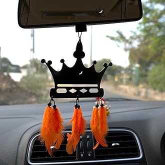 M H Villa King Crown Car Hanging Dream Catcher for Stylish Car Decoration Items Interior, Handmade Boho Charm Car Hanging Accessories Interior, Feathered Ornament Car Mirror Hanging Gift