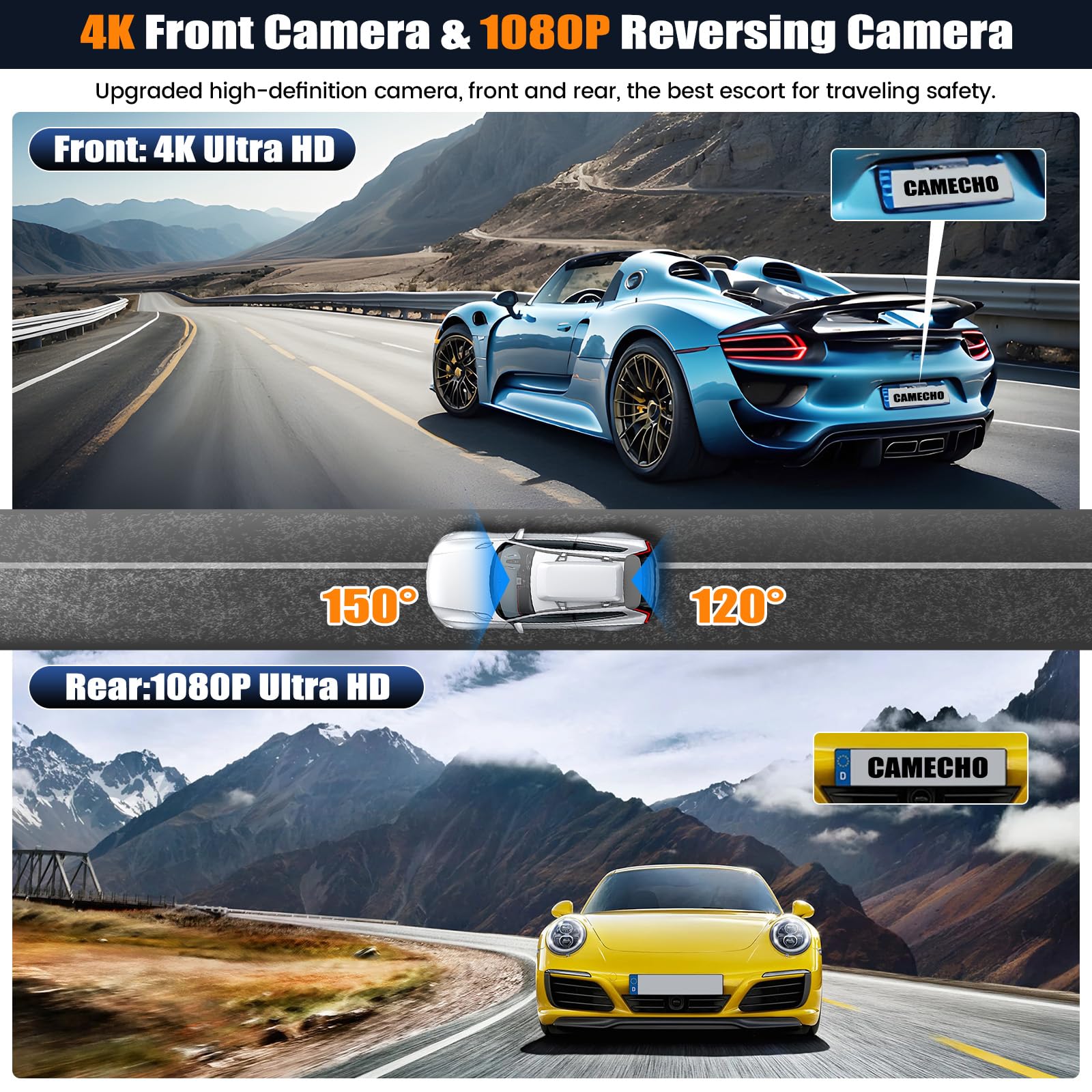 CAMECHO Retrovisor 4K 9.66 Pulgadas Mirror Dash CAM Coche con Cámara 1080P, Delantera 150° y Trasera Dashcam 120° con ADAS y BSD Línea Inversa, Visión Nocturna, Sensor G, GPS y WiFi