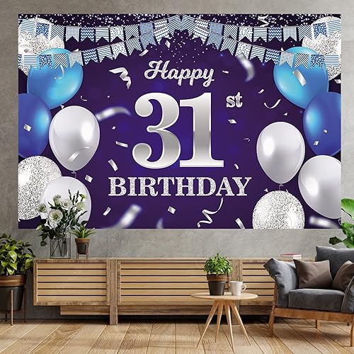 Vista 5 de Cartel de feliz cumpleaños número 31, globos azul marino, bandera de confeti a rayas, puntos de luz, saludos a 31 años, decoración temática