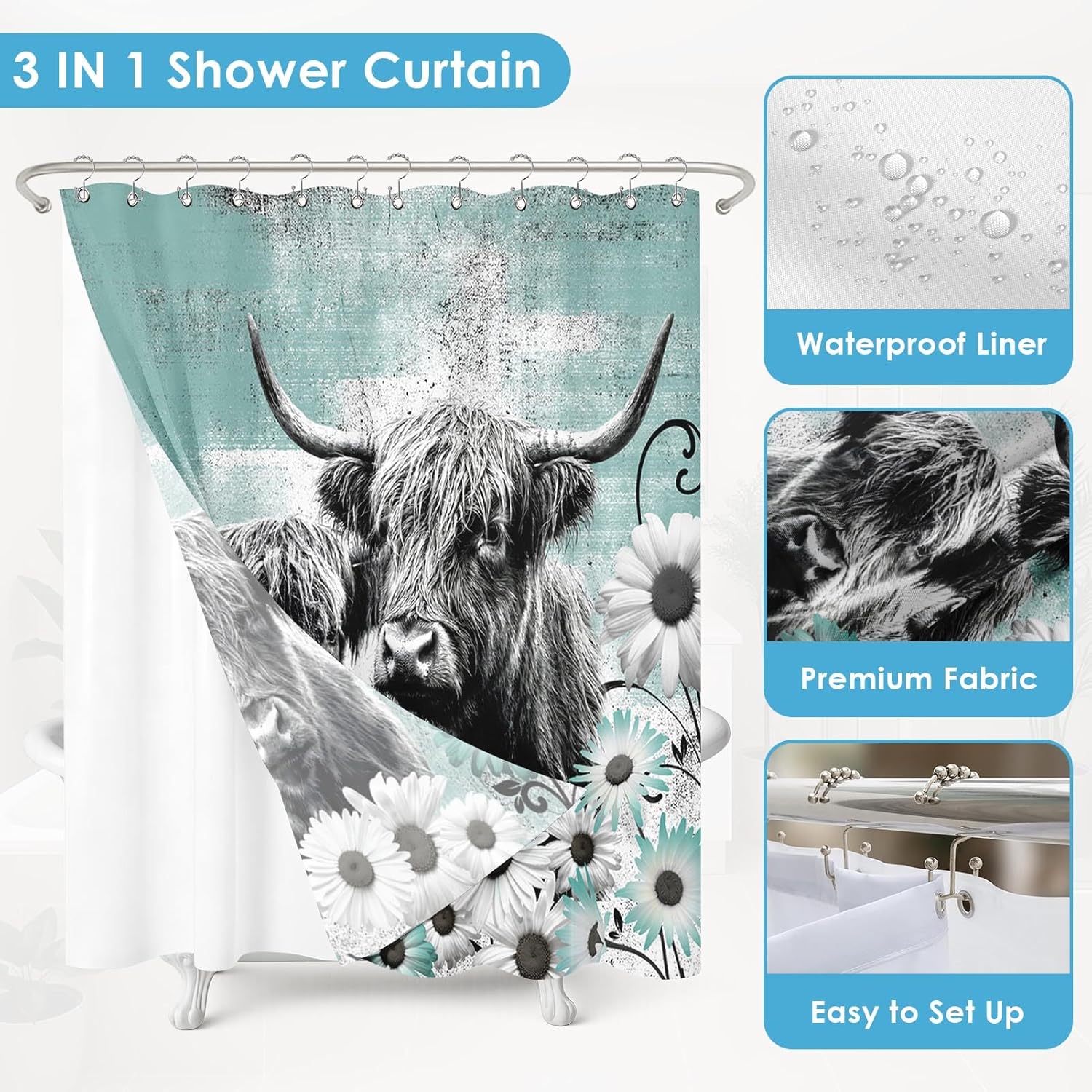 Shower Curtain and Liner Set, Highland Cow Teal Floral Daisy Shower Curtain and Liner with Double-Sided Stainless Steel Hooks, 3-in-1 Waterproof Fabric for Bathroom, 72x72 Inch