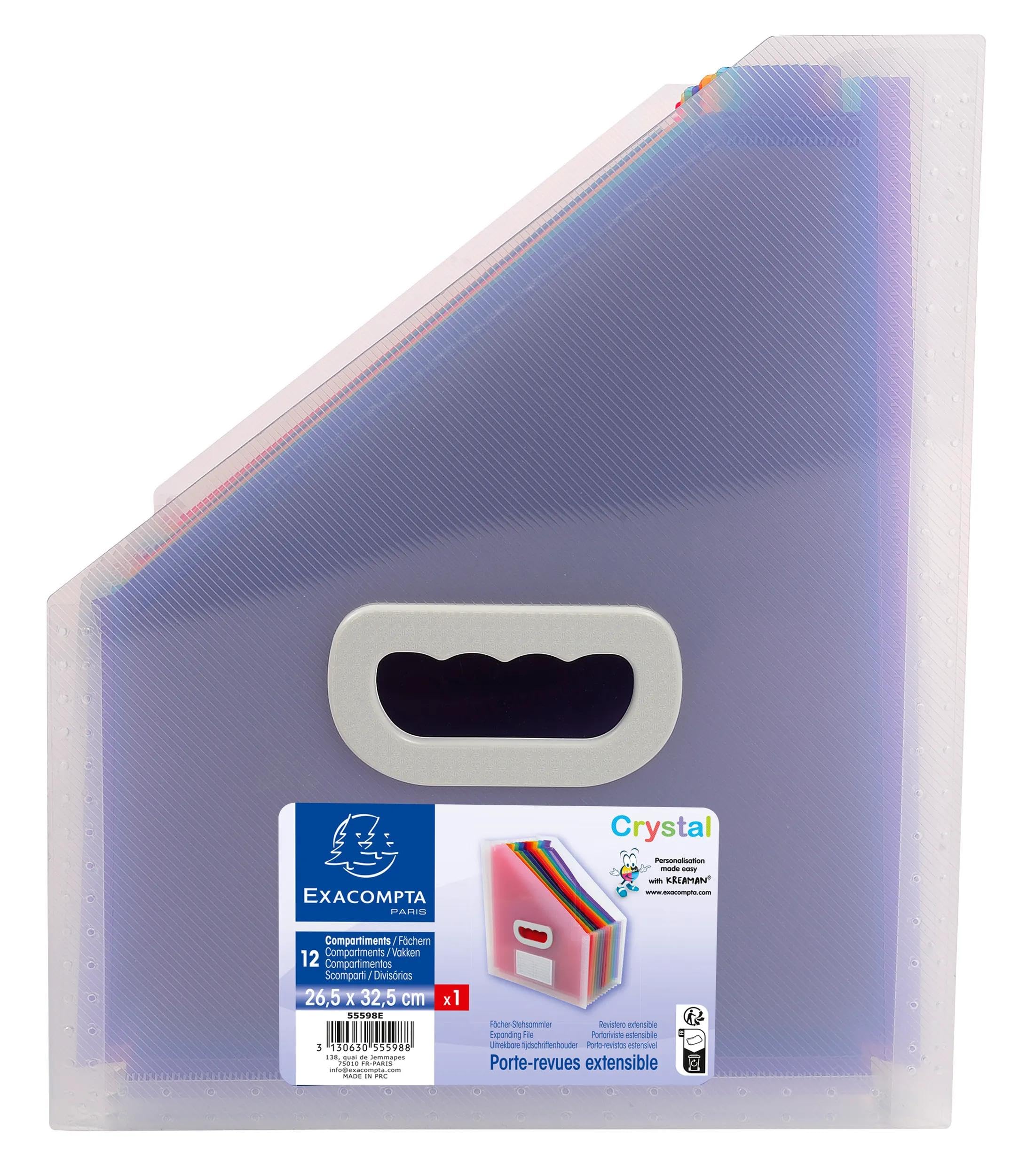 Exacompta - Réf. 55598E - Carton de 4 trieurs de bureau porte-revues Crystal - poignée rigide - en polypropylène - intérieur multicolore - 12 compartiments - dim 26,5 x32,5 cm - cristal