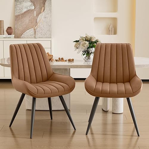 Miniatura 7 de Juego de 4 sillas de comedor, modernas de mediados de siglo con cojín suave, cómodas sillas de comedor de tela tapizada para cocina, color marrón