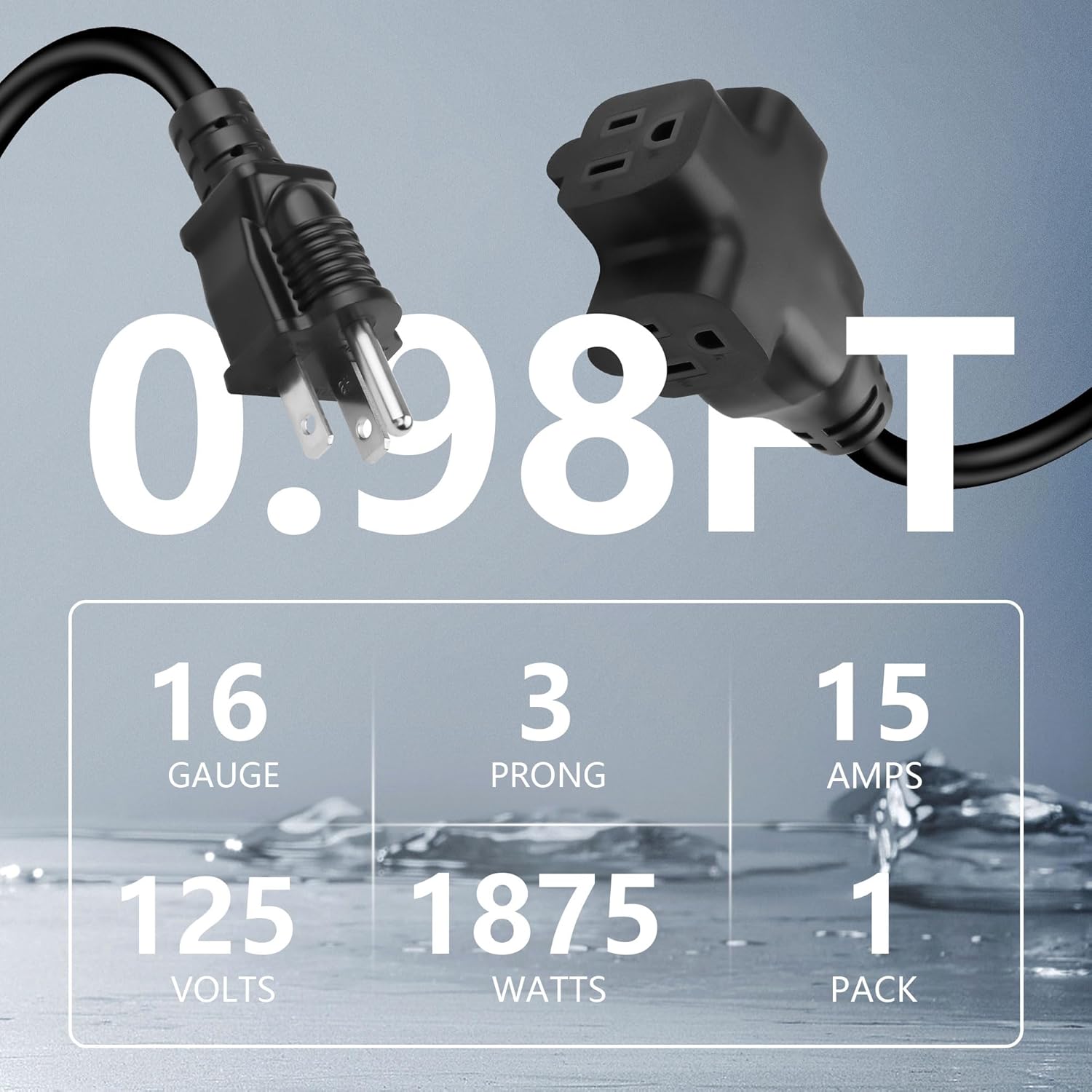 CERRXIAN NEMA 5-15P Extension Cord with 3 Outlets, Heavy Duty 3 Prong 1 to 3 Extension Cord Splitter, NEMA 5-15P to NEMA 5-15R 16AWG 15A/1875W for Indoor or Outdoor Use - 16AWG 1FT