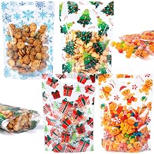 60pcs Christmas Treat Bags,Christmas Plastic Resealable Candy Gift Bag with Handle,Transparent Snowflake Gingerbread Sealing Goodie Pouch for Xmas Winter Holiday Party Favors Decorations,9X6inch