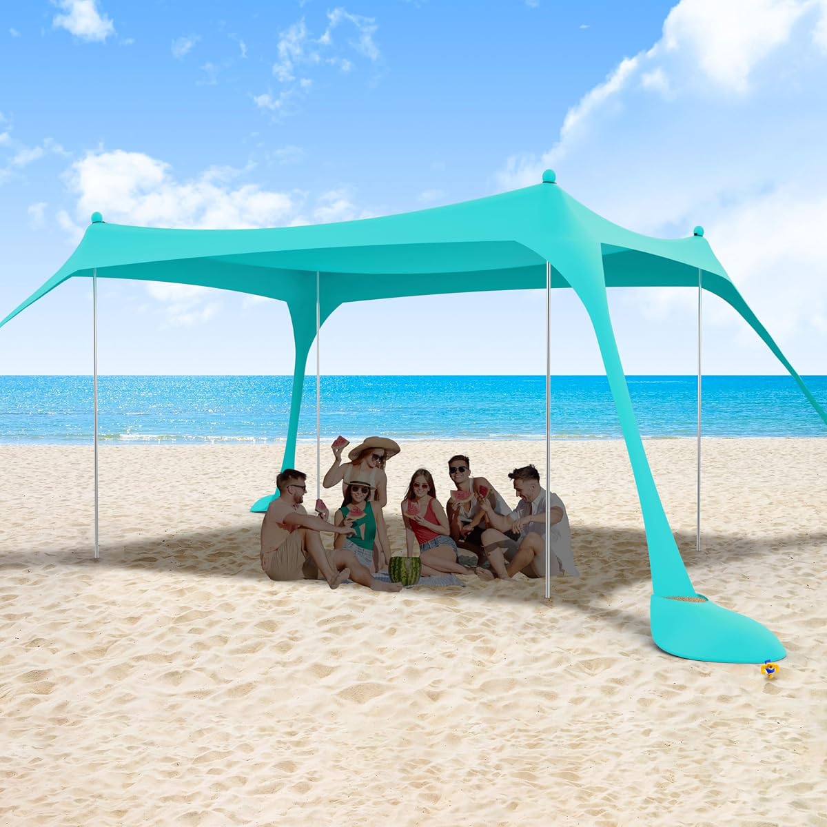 Carpa de playa 10X10FT UPF50+ - Refugio solar de fácil instalación | 4 postes plegables de aluminio, toldo exterior para 8 personas. Ideal para acampar, pescar, viajes familiares y picnics en el patio trasero.