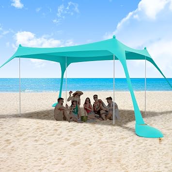 ihuan Beach Tent Sun Shelter 10X10FT UPF50+ with 4 Aluminum Foldable Poles, Easy Setup Outdoor Shade Canopy for 8 Person, Camping Sun Shelter for Fishing, Family Trips, Backyard Picnics