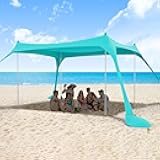ihuan Beach Tent Sun Shelter 10X10FT UPF50+ with 4 Aluminum Foldable Poles, Easy Setup Outdoor Shade Canopy for 8 Person, Camping Sun Shelter for Fishing, Family Trips, Backyard Picnics