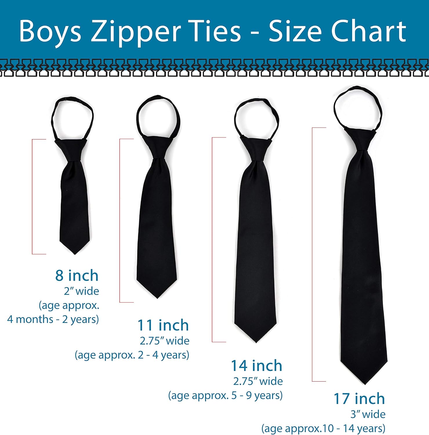 boxed-gifts Boys Zipper Tie - Ages 0-14 - Pre-Tied Kids Necktie - Kids Ties for Formal Events, School, Graduation