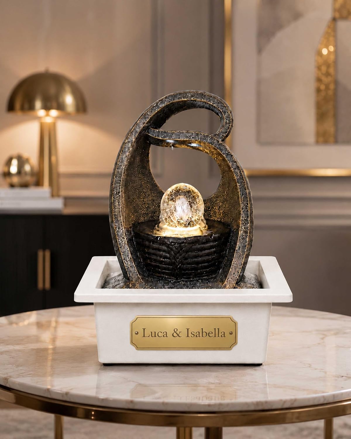 Tabletop Water Fountain with LED Crystal Ball - Engraved Brass Name Plate Fountain - White