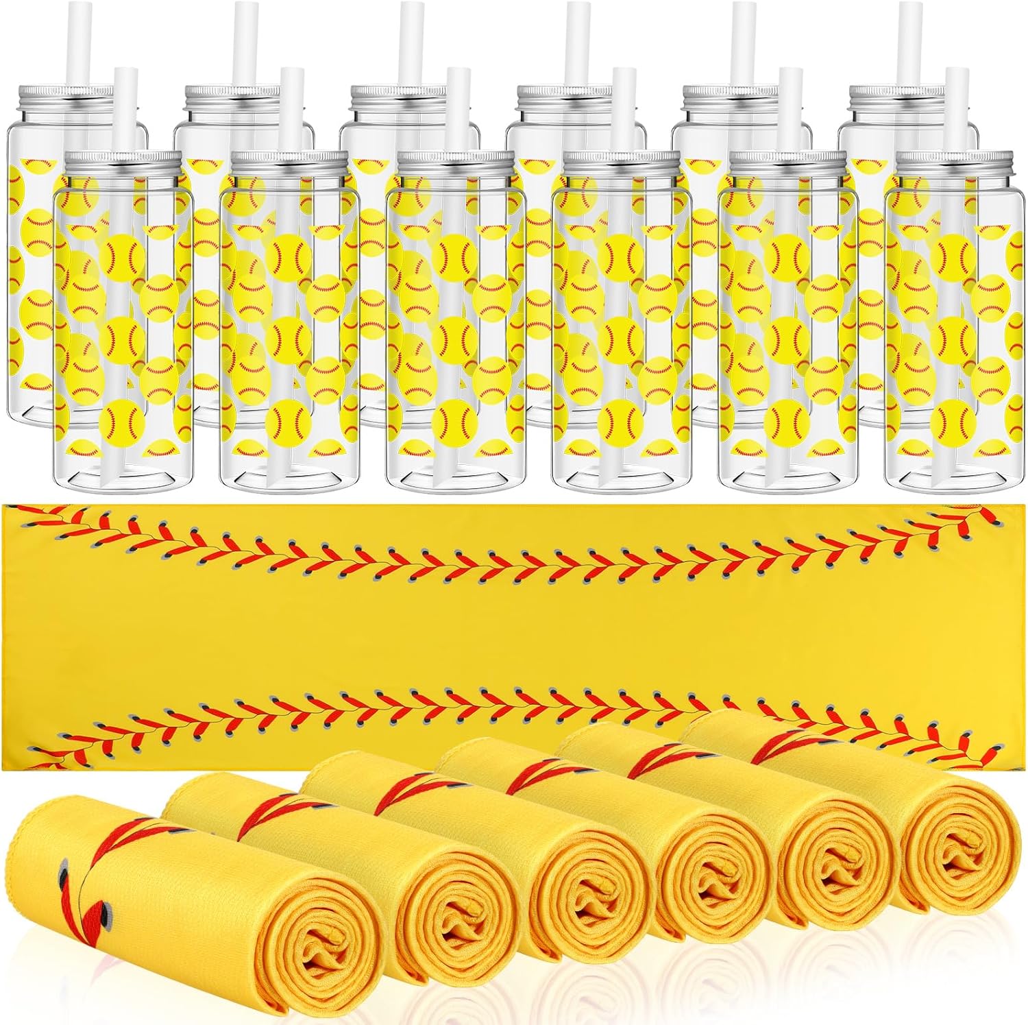 24 Pack Baseball Team Gifts Include 12 Baseball Cooling Towels 12 Plastic Tumbler 40"x12" Breathable Chilly Towel 13.5oz Reusable Cups with Lid and Straw for Sports Party (White, Baseball)