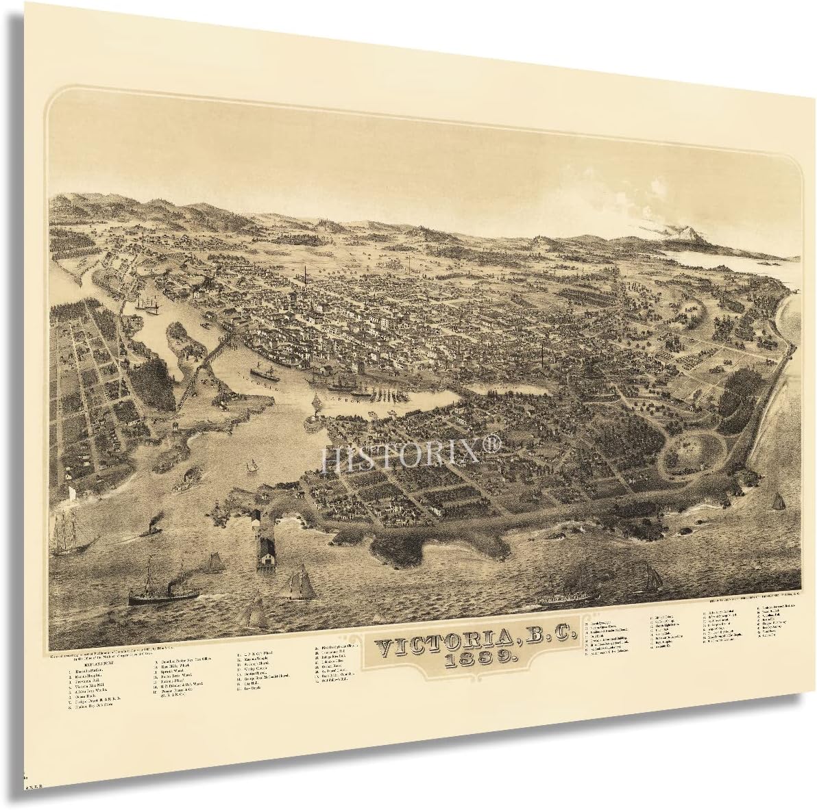 HISTORIX Vintage 1889 Victoria BC Canada Map Poster - 18x24 Inch Vintage Victoria British Columbia Map of Canada - History Map of Victoria Canada Wall Art - Birds Eye View of Victoria BC Canada Poster