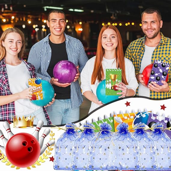 Anprola Bowling Party Stationery Favors with 12 Mini Notepads, 12 Ballpoint Pens, 12 Organza Bags and 50 Stickers for Bowling Themed Birthday Party Decorations Supplies Goodie Bag Fillers Rewards