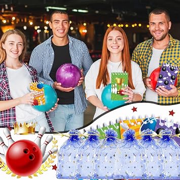 Anprola Bowling Party Stationery Favors with 12 Mini Notepads, 12 Ballpoint Pens, 12 Organza Bags and 50 Stickers for Bowling Themed Birthday Party Decorations Supplies Goodie Bag Fillers Rewards