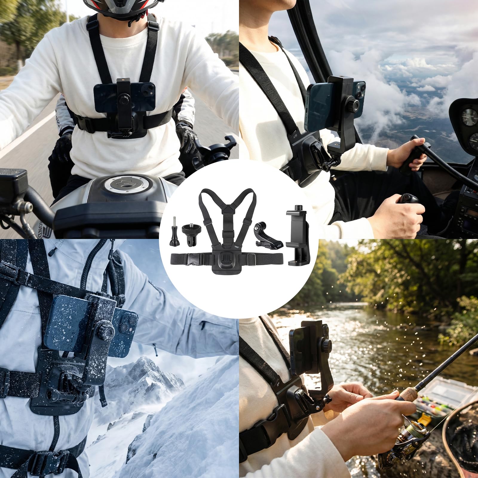 HSU Soporte para teléfono móvil con correa para el pecho, con cierre rápido J-Hook Clip para cámara de acción y soporte para teléfono móvil, set de accesorios para grabación de vídeo POV/VLOG