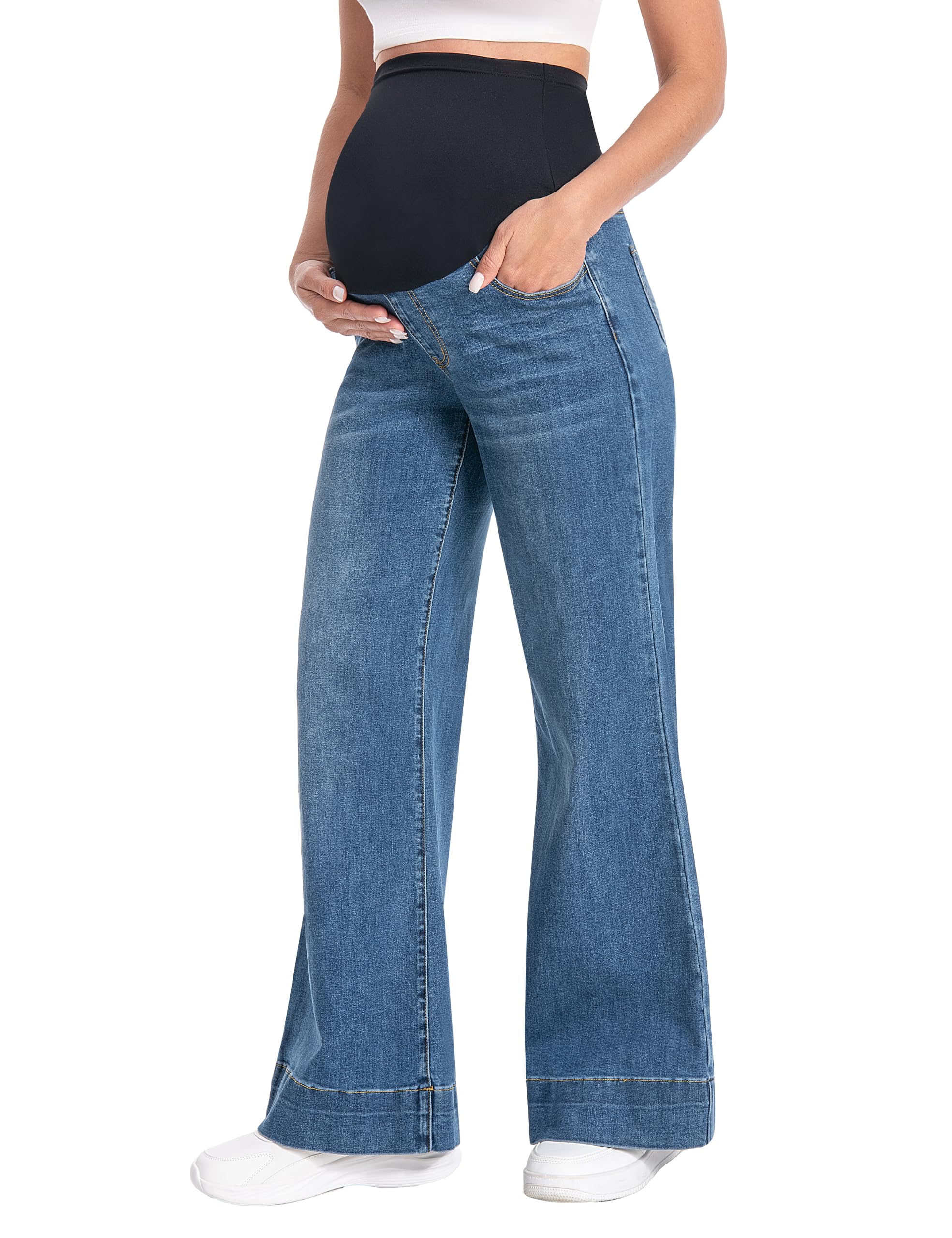 Womens Maternity Jeans Wide Leg Over Belly Baggy Flare Jeans Pregnancy Stretchy Loose Denim Pants