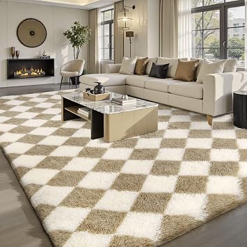 Sour Lemon Checkered Rug Living Room, 240x300cm Beige and White Area Rugs for Bedroom, Non Slip Super Soft Fluffy Shaggy Rug, Extra Large Lounge Rugs for Kids Baby Room, Thick Pile, Non-Shedding