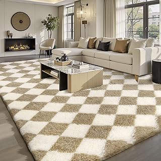 Sour Lemon Kariert Hochflor Teppich, Teppiche Wohnzimmer, Anti-Rutsch Waschbar Extra Große Teppich Flauschig, Langflor Teppiche Schlafzimmer Kinderzimmer, Farbe: Beige und Weiß, Größe: 160x230 cm