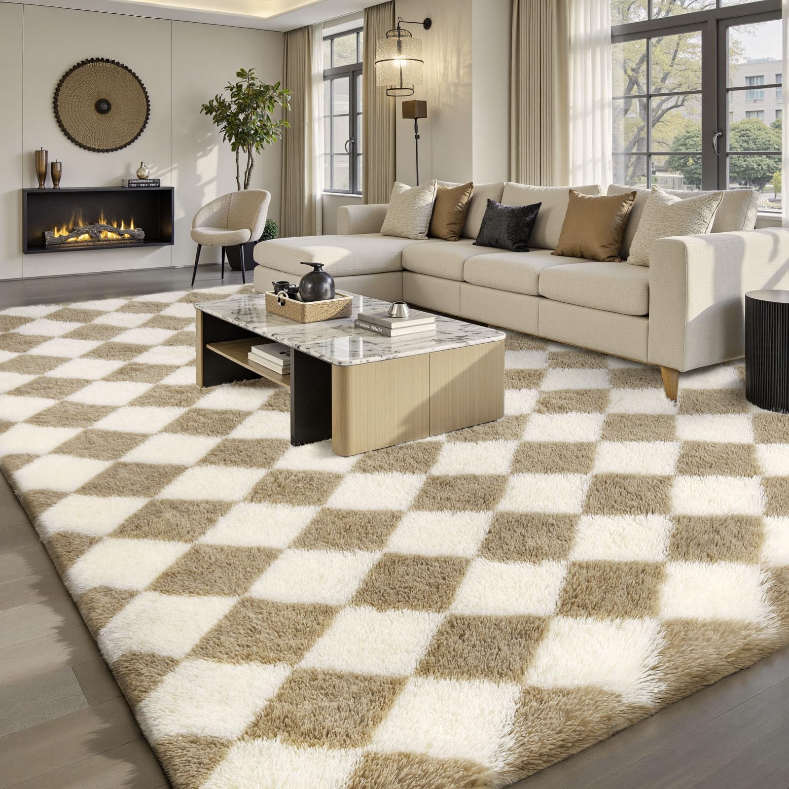 Sour Lemon Kariert Hochflor Teppich, Teppiche Wohnzimmer, Anti-Rutsch Waschbar Extra Große Teppich Flauschig, Langflor Teppiche Schlafzimmer Kinderzimmer, Farbe: Beige und Weiß, Größe: 200x300 cm