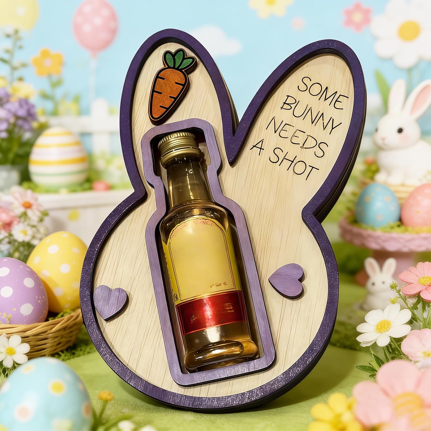 Some Bunny Needs a Shot! – Easter Bunny Liquor Bottle Holder, Bunny Wine Whiskey Bottle Display, Wooden Ornaments for Easter, Housewarming, Party (A)