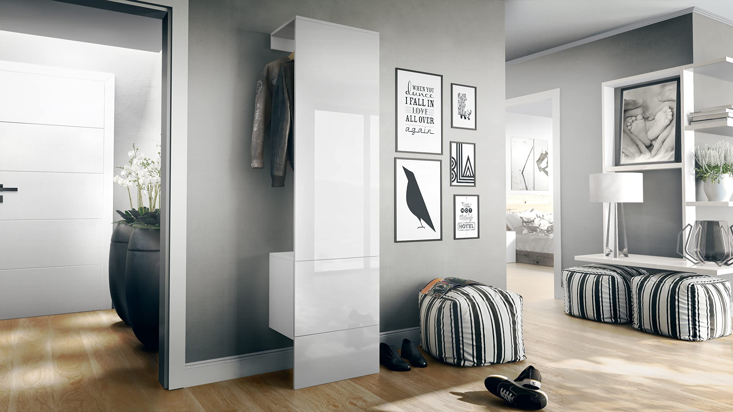 Vladon Penderie Carlton Set 5, Meuble d’entrée Comprenant 1 Panneau Porte-Manteau avec Porte intégrée et 1 Tringle, Blanc Mat/Blanc Haute Brillance (52 x 193 x 35 cm)