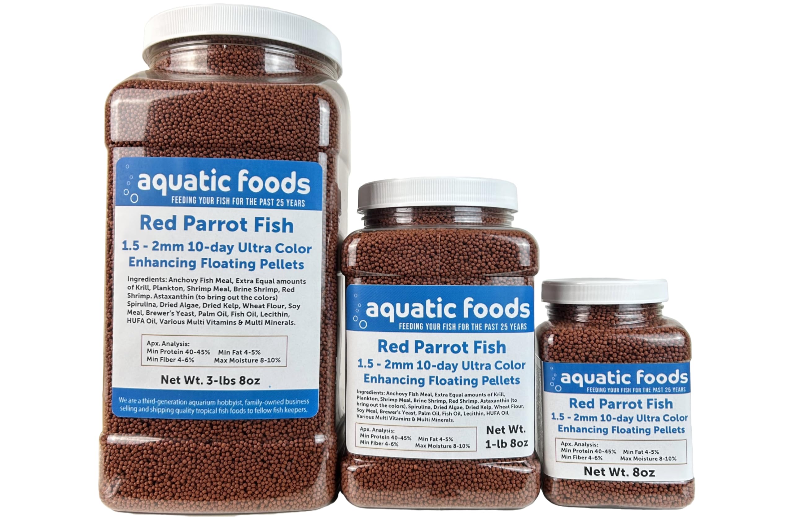 Aquatic Foods Inc. Red Parrot Fish Ultra Red Color Enhancing 1.5mm-2mm Floating Pellets. Color Enhancing in 10-Days for Baby, Juvenile and Adult Red