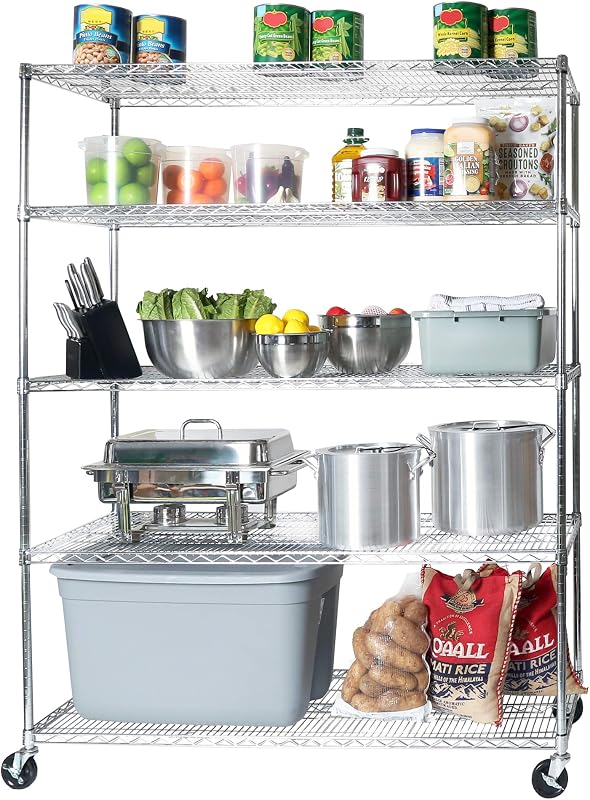 Sevilla Classics UltraDurable Heavy Duty NSF Estante de alambre de acero sólido con ruedas para unidad de almacenamiento, estantería de 5 niveles, 60" W x 24" D | Estante de almacenamiento de alambre de acero sólido de calidad comercial resistente con capacidad de peso de 800 libras por estante