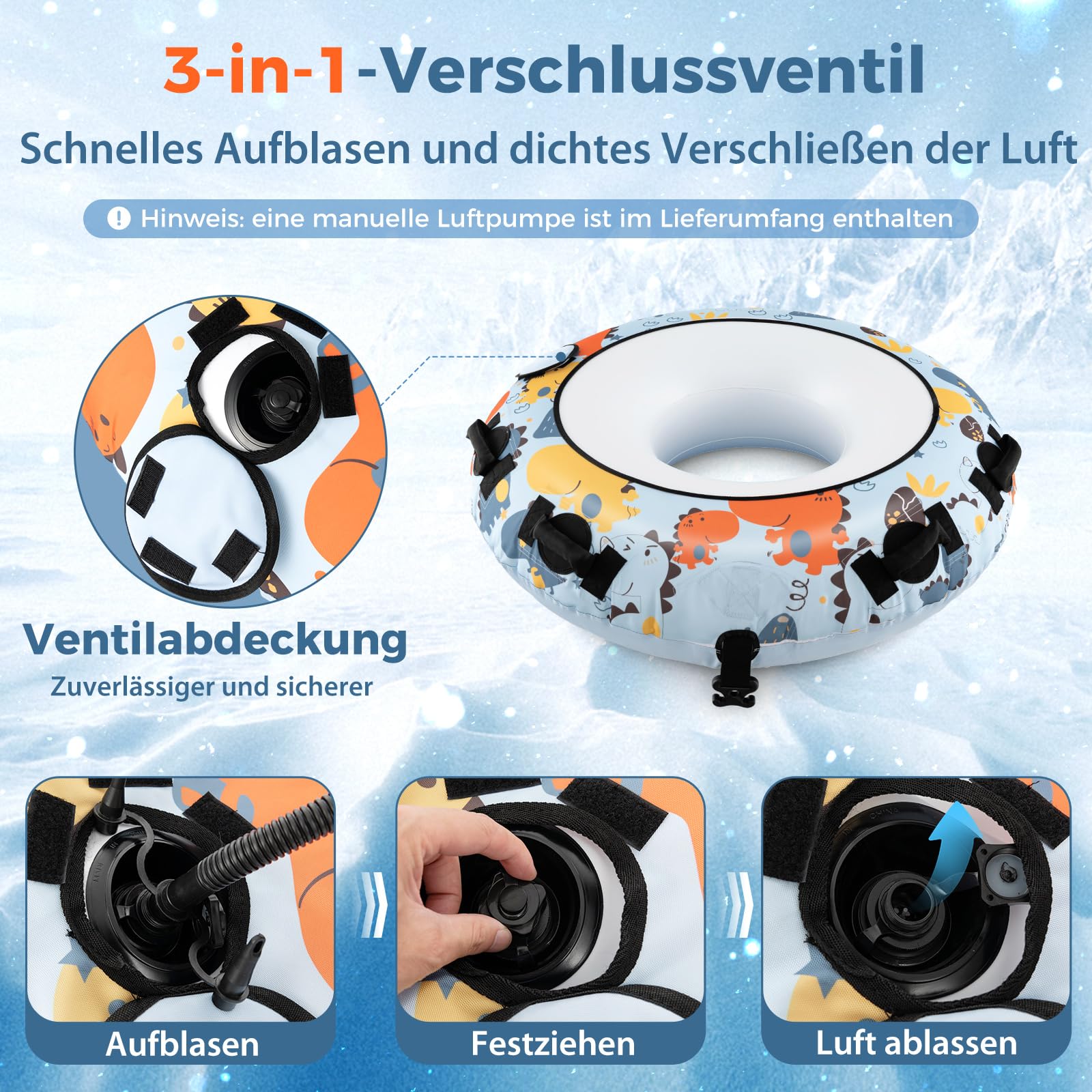 GYMAX Ø113cm Aufblasbarer Schneereifen, Snow Tube bis zu 100 kg belastbar, Schlitten Rodelschlitten mit Griffe, Reifenpumpe & Schleppleine, Donut Rutschreifen für Erwachsene & Kinder