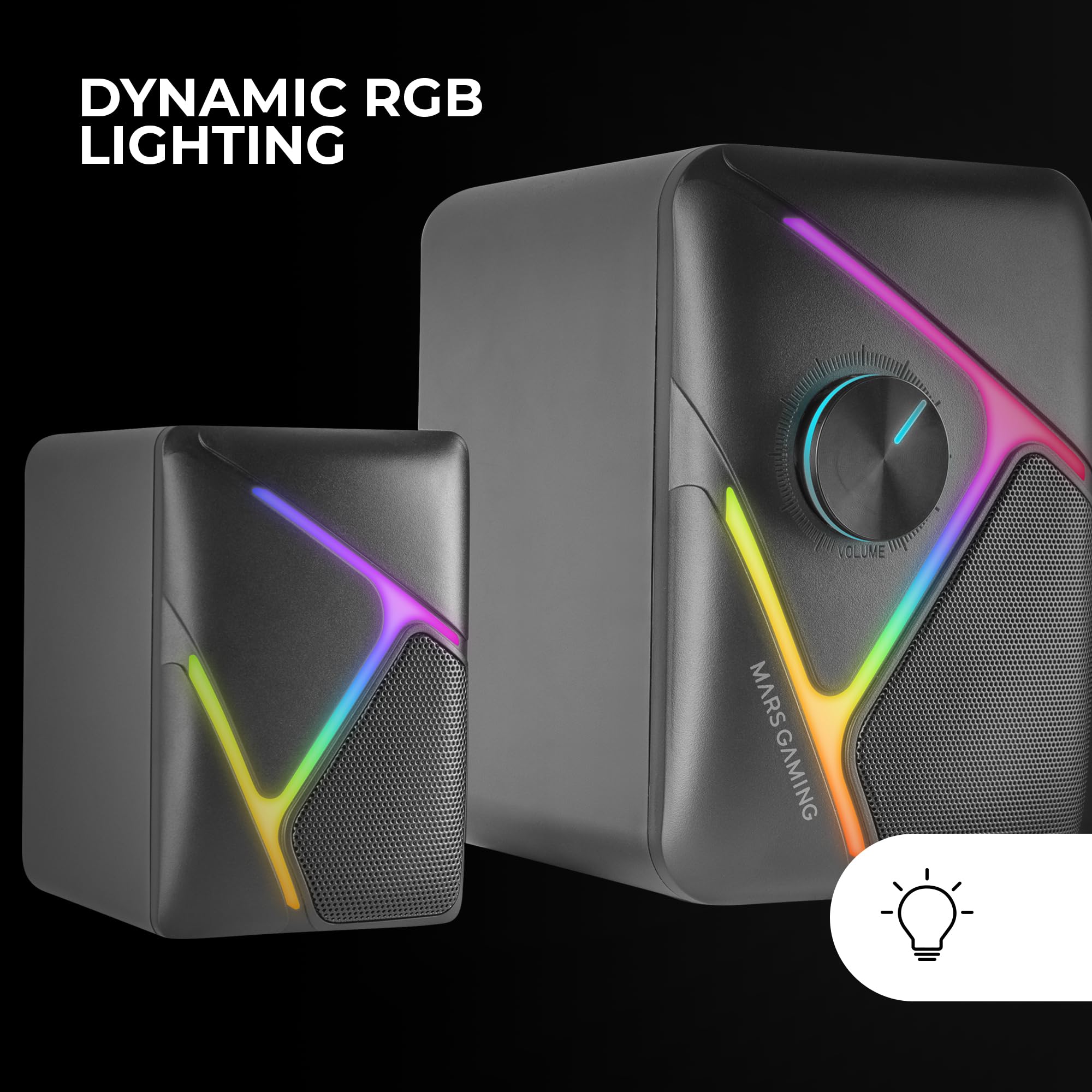 Mars Gaming MS-H21, Altavoces Gaming RGB 2.1 y Subwoofer 35W, Sistema Drivers Invertidos 3D Surround, Altavoces Compactos con Iluminación Dinámica RGB, Alimentación USB y Conector Jack 3.5mm, Negro