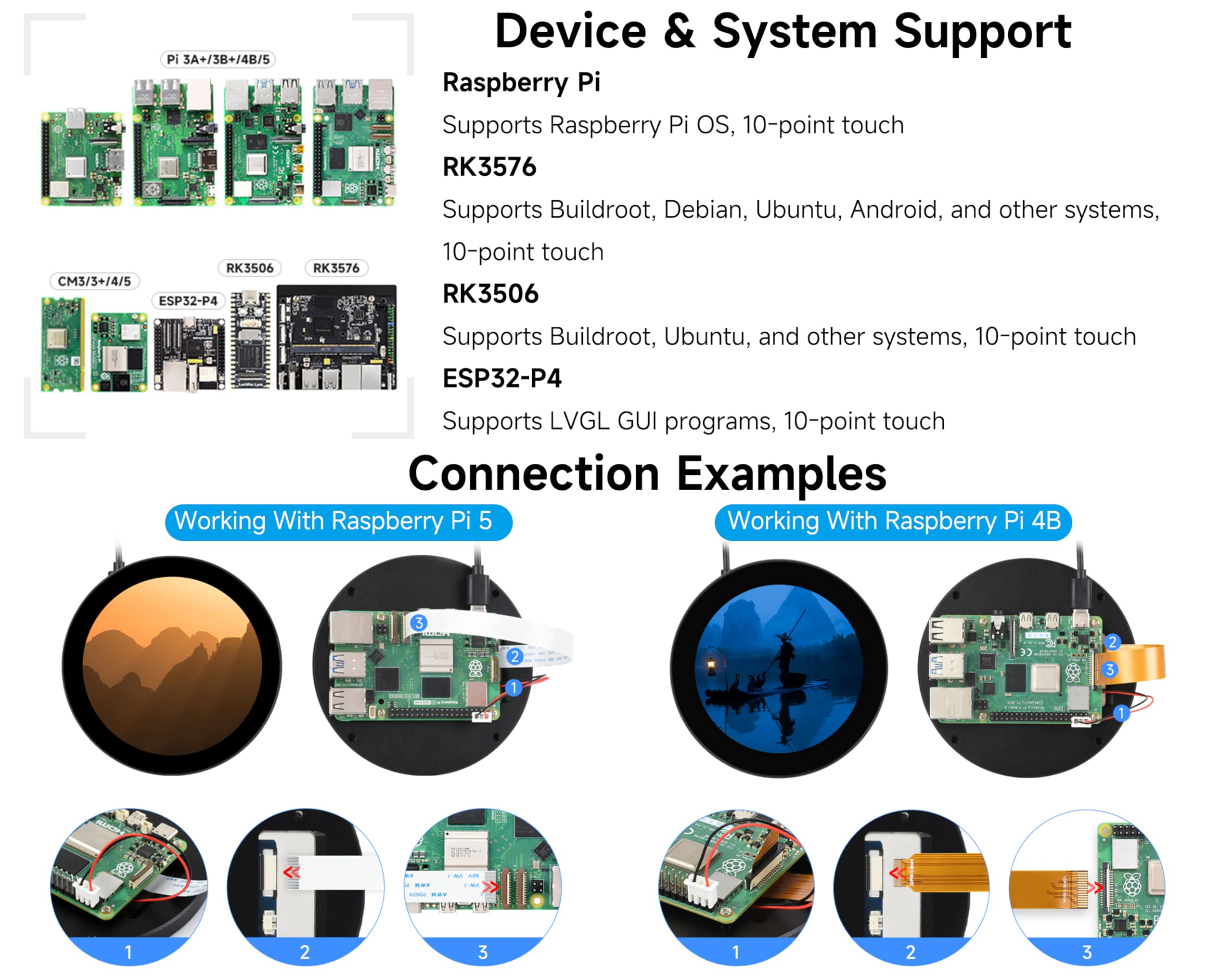 3.4inch DSI Round Capacitive Touch Display, 800 × 800 Resolution, IPS Display Panel, 10-Point Touch/Adjustable Brightness Via Software/Support Touch Screen Customization
