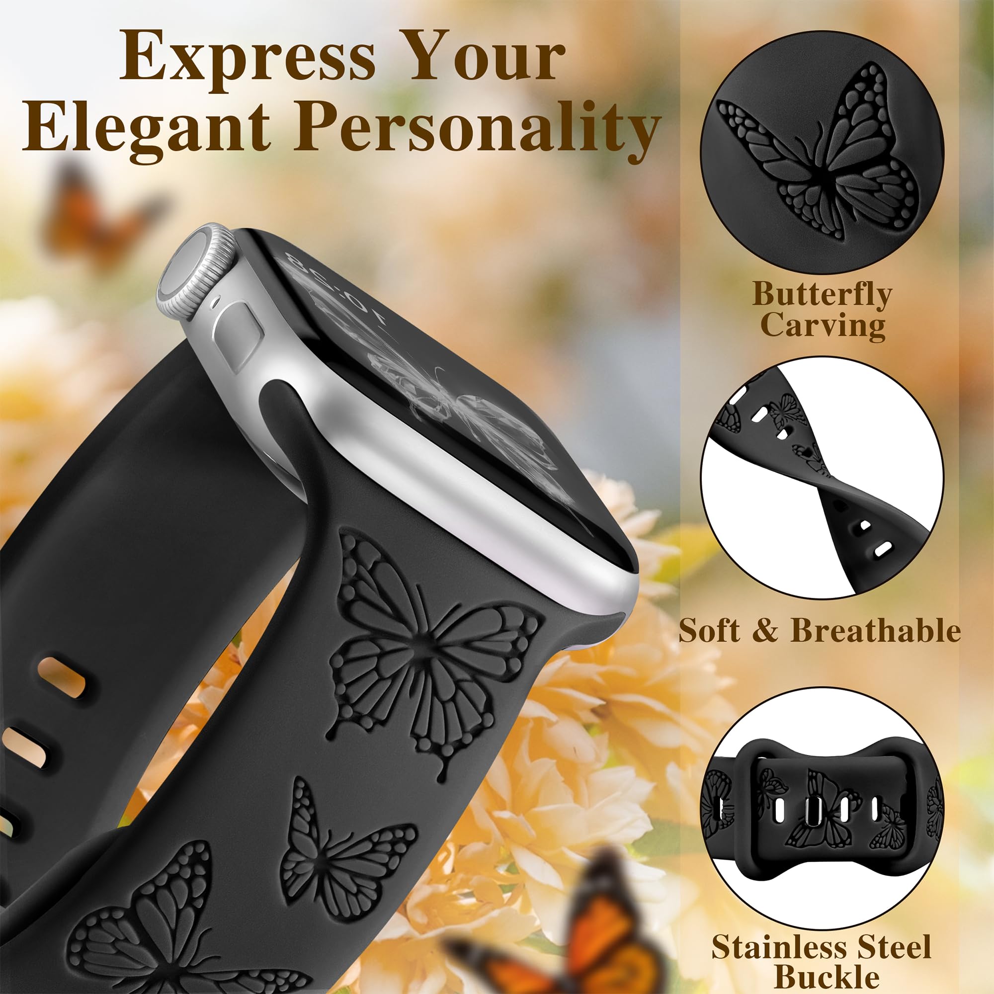 YGTIECS Butterfly Engraved Bands Compatible with Apple Watch Bands for Women 45mm 44mm 42mm 49mm, Elegance Silicone Butterflies Embossed Strap for iWatch Bands Series Ultra 2 Ultra SE 9 8 7 6 5 4 3 2